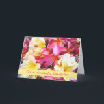 Geboortedag: Daughter Plumeria Frangipani Blooms Kaart<br><div class="desc">Helder en kleurenverjaardagspapier voor een dochter. Kaart heeft een digitaal schilderij van Plumeria/Frangipani-bloei. Tropische bloemen in tinten van magenta,  roze,  geel,  wit en oranje. Kunst,  afbeelding en vers copyright © Shoaff Ballanger Studios.</div>