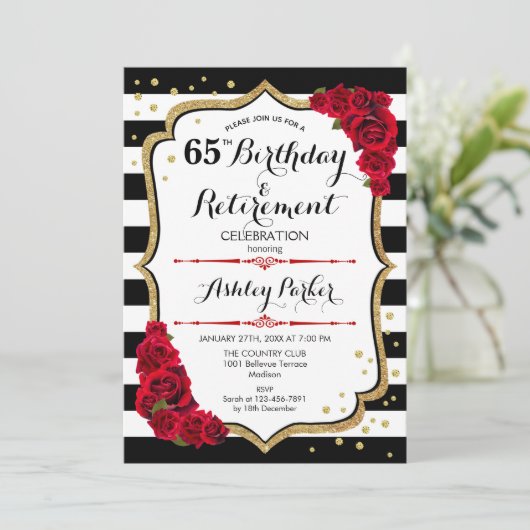 Geboortedag en Pensioenpartij - Zwart wit rood gou Kaart (Staand voorkant)