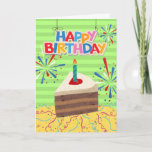 Geboortedag: Hubby Husband Piece van Cake Kaart<br><div class="desc">Happy Birthday Hubby Husband papier wenskaart met een kleurrijke illustratie van een stuk gelaagde chocoladetaart. Helder ontwerp met het Happy Birthday-teken,  confetti,  wimpels en vuurwerk. Vun taart springt naar binnen. Kunst,  afbeelding en vers copyright © Shoaff Ballanger Studios,  2022.</div>