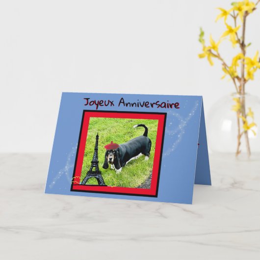 Geboortedag in Frans W/Basset, Beret, Eiffeltoren Kaart (Gele Bloem)