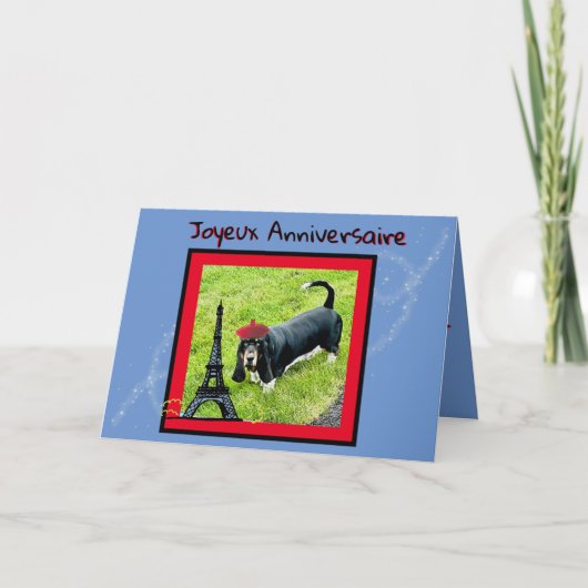 Geboortedag in Frans W/Basset, Beret, Eiffeltoren Kaart (Voorkant)