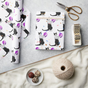 Geboortedag Kat met ballon en Confetti Cadeaupapier