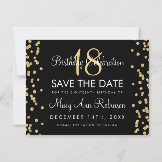 Geboortedag Opslagdatum Gold Glitter Confetti Blac Save The Date (Voorkant)