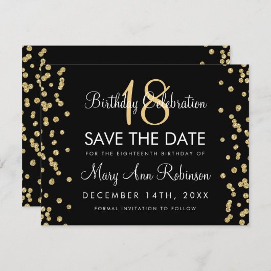 Geboortedag Opslagdatum Gold Glitter Confetti Blac Save The Date (Voorkant / Achterkant)