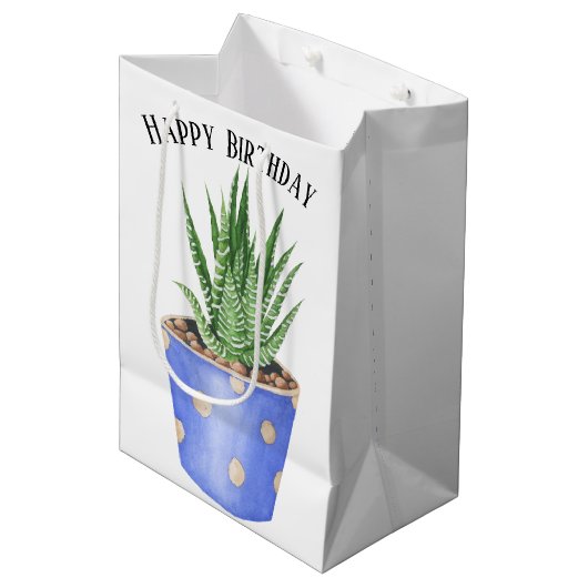 Geboortedag Succulent in poka Dot Pot Medium Cadeauzakje (Voorkant Gekanteld)