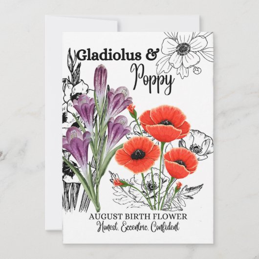 Geboortedatum, augustus, Gladiolus, Poppy, Birthda Feestdagenkaart (Voorkant)