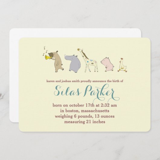 Geboortedatum baby Animal Parade Kaart (Voorkant / Achterkant)