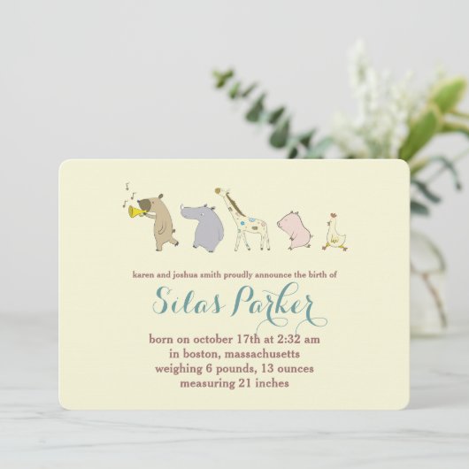 Geboortedatum baby Animal Parade Kaart (Staand voorkant)