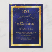 Geboortedatum: blauwe goudpartij uitnodiging briefkaart (Voorkant)