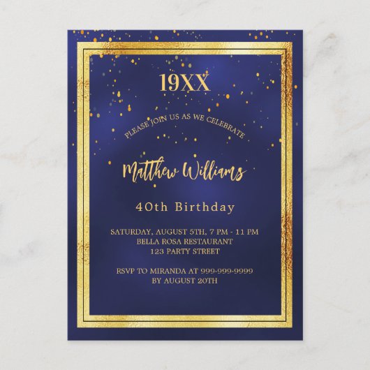 Geboortedatum: blauwe goudpartij uitnodiging briefkaart (Voorkant)