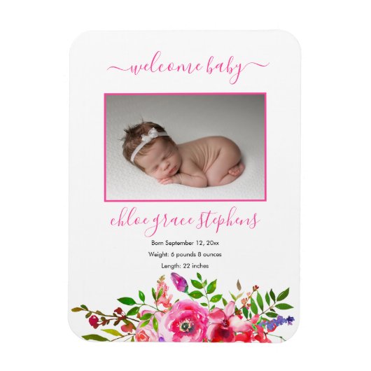 Geboortedatum: Boho Pink Floral Baby Girl Magneet (Verticaal)