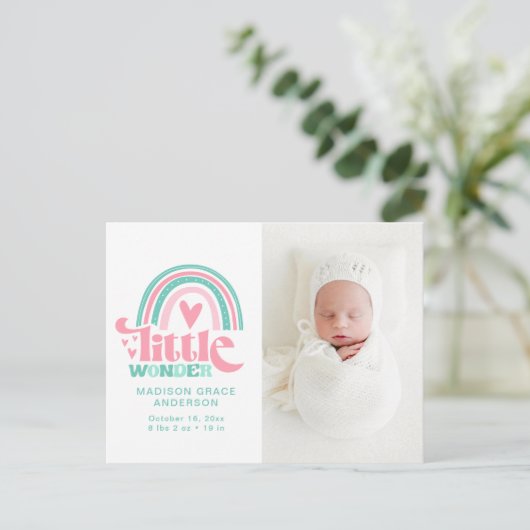 Geboortedatum Foto Briefkaart | Little Wonder (Staand voorkant)