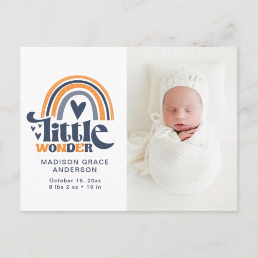 Geboortedatum Foto Briefkaart | Little Wonder (Voorkant)