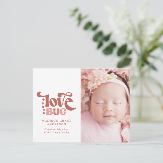 Geboortedatum Foto Briefkaart | Love Bug (Staand voorkant)