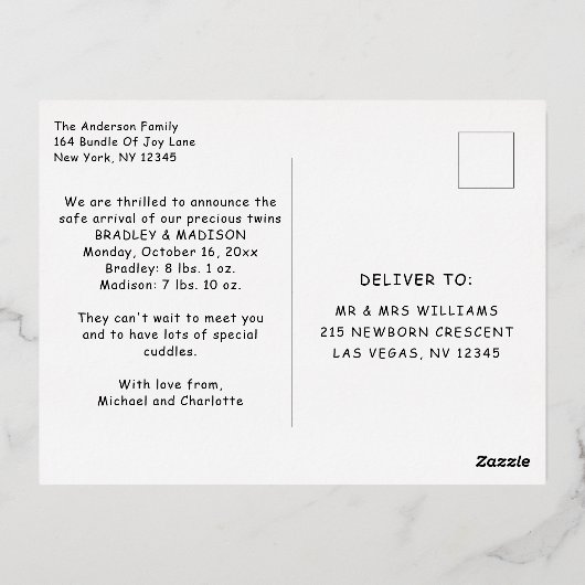 Geboortedatum Foto Briefkaart Womb Mates Folie (Achterkant)