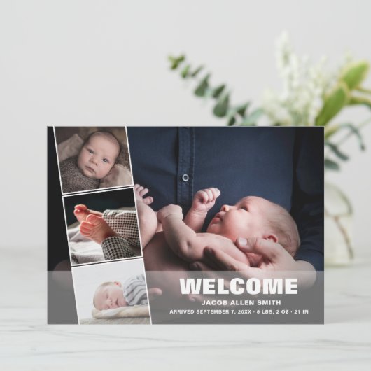 Geboortedatum Foto Collage|Vier Foto's Aankondiging (Staand voorkant)