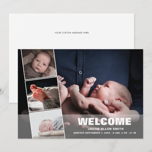 Geboortedatum Foto Collage|Vier Foto's Aankondiging (Voorkant / Achterkant)