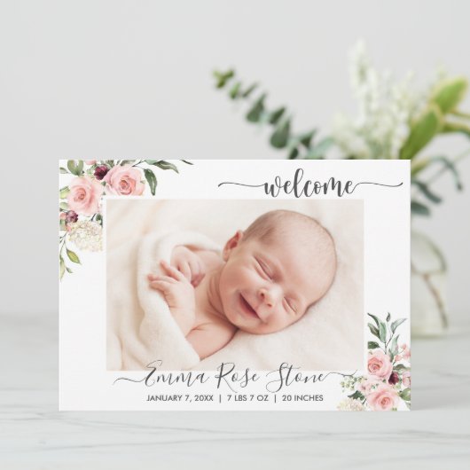 Geboortedatum: Fotokaart Rozen Aankondiging (Staand voorkant)