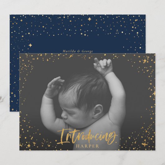 Geboortedatum: introductie goudscripsterren feestdagenkaart (Voorkant / Achterkant)