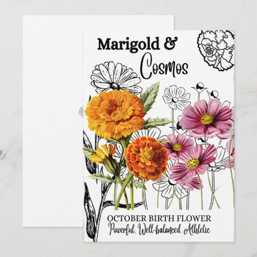 Geboortedatum, oktober, Marigold, Cosmos, Birthday Feestdagenkaart (Voorkant / Achterkant)
