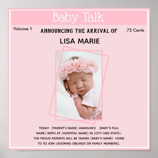 Geboortedatum Poster Baby Girl (Voorkant)