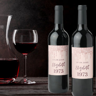 Geboortedatum roos goudglitterdruppels wijn etiket