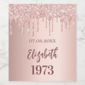 Geboortedatum roos goudglitterdruppels wijn etiket (Enkel label)