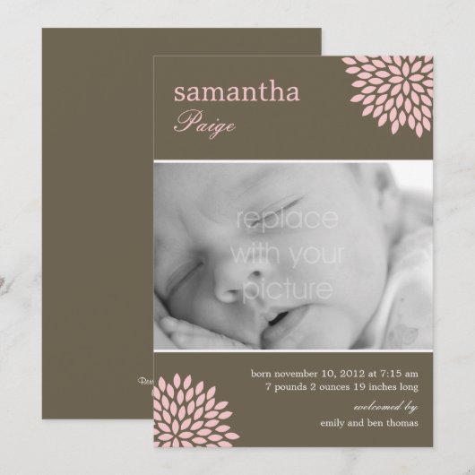 Geboortedatum: Sweet Bloom Baby Girl Aankondiging (Voorkant / Achterkant)