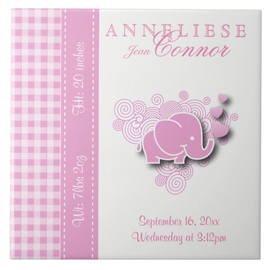 Geboorteinformatie - Roze & White Baby Elephant Tegeltje (Voorkant)