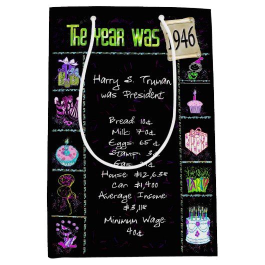 Geboortejaar 1946: Trivia op zwart Medium Cadeauzakje (Voorkant)