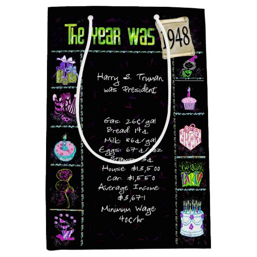 Geboortejaar 1948: Trivia op zwart Medium Cadeauzakje (Voorkant)