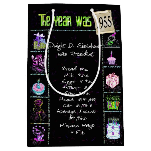 Geboortejaar 1955: Trivia op zwart Medium Cadeauzakje (Voorkant)