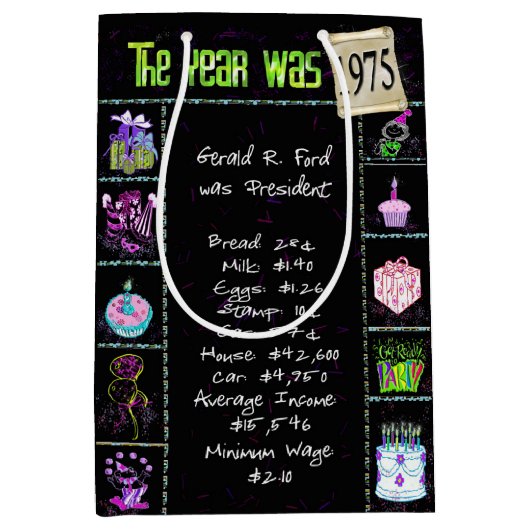 Geboortejaar 1975: Trivia op zwart Medium Cadeauzakje (Voorkant)