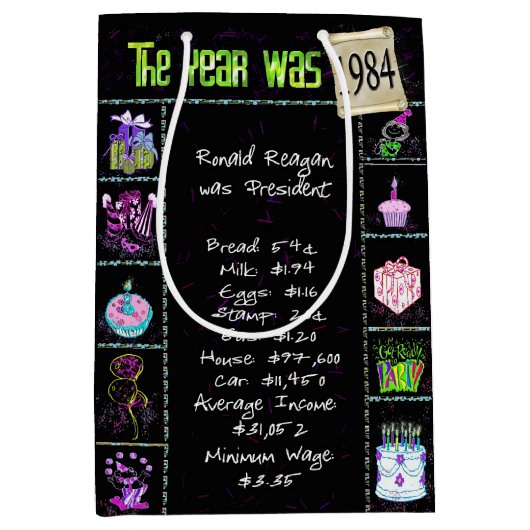 Geboortejaar 1984: Trivia op zwart Medium Cadeauzakje (Voorkant)