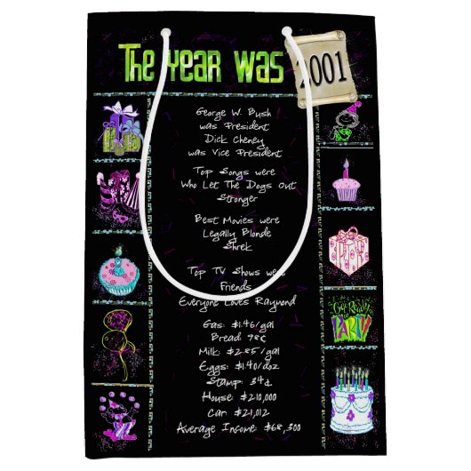 Geboortejaar 2001: Trivia op zwart Medium Cadeauzakje (Voorkant)