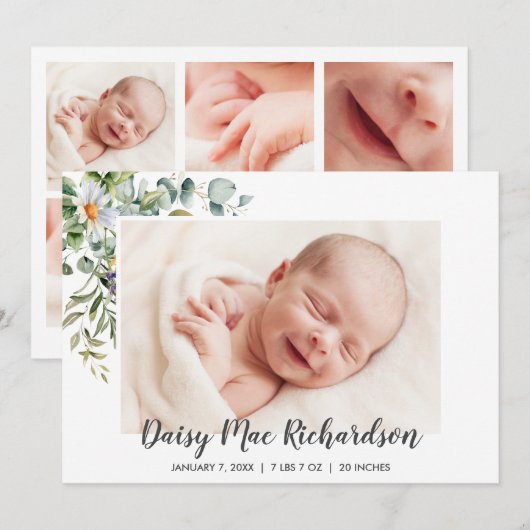 Geboortekaart Fotokaart Witte Daisies Aankondiging (Voorkant / Achterkant)