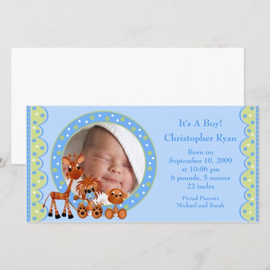 Geboortekaartje met baby dieren FOTO Jongen aankon Aankondiging (Voorkant / Achterkant)