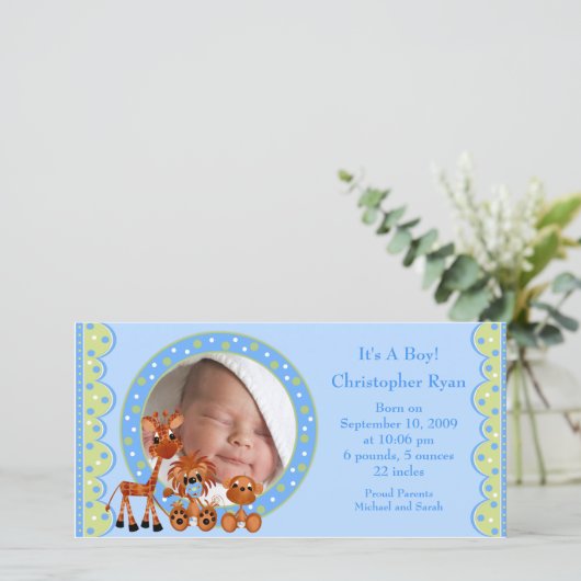 Geboortekaartje met baby dieren FOTO Jongen aankon Aankondiging (Staand voorkant)