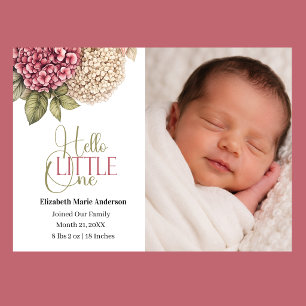 Geboortekaartje met babyfoto en hortensia bloemen kaart