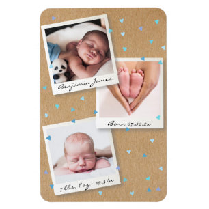 Geboortekaartje met fotocollage van babyjongen en magneet