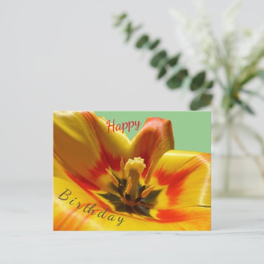 Geboortekaartje met gele oranje tulp briefkaart (Staand voorkant)