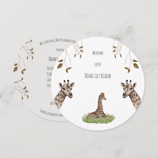Geboortekaartje (rond) - Giraf Kaart (Voorkant / Achterkant)