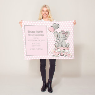 Geboortekaartje Roze Zilver Olifant Meisje Fleece Deken