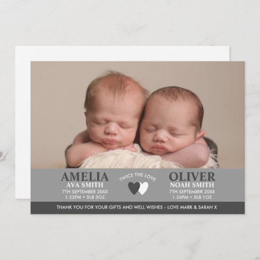 Geboortekaartje voor tweeling/bedankkaartje aankondiging (Voorkant / Achterkant)