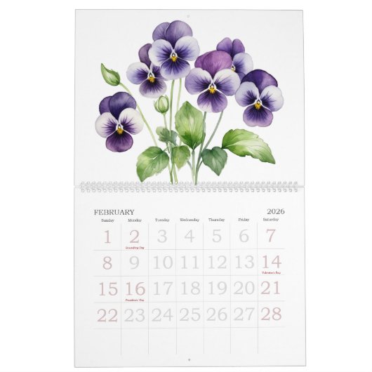Geboortemaand Bloemen Waterverf Bloemen Kalender (Feb 2026)