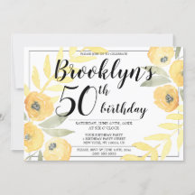 Geboortepartij-uitnodigingen in gele bloemenscript