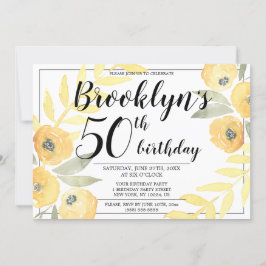 Geboortepartij-uitnodigingen in gele bloemenscript kaart