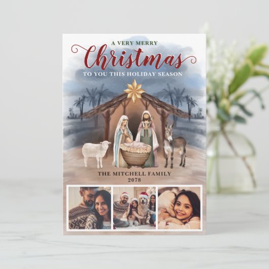 Geboorteplaats Baby Jesus Foto Vrolijk Kerstfeest Feestdagenkaart (Staand voorkant)