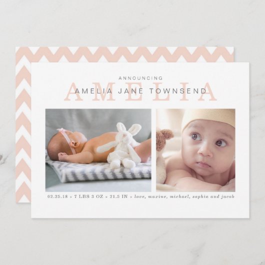 Geboorteplaats: Roze en grijs Aankondiging (Voorkant / Achterkant)