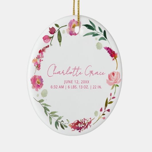 Geboortestatistieken Baby Foto Roze Waterverf Flor Keramisch Ornament (Rechts)
